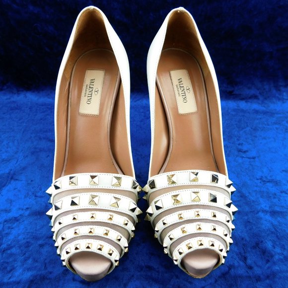 VALENTINO Rockstud Ivory Leather & Mesh Peep Toe Plat from Heel Pumps 37 - Picture 2 of 10